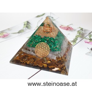 Orgonit Pyramide: Selenit, Malachit & Tigerauge & Herkimer Diamant